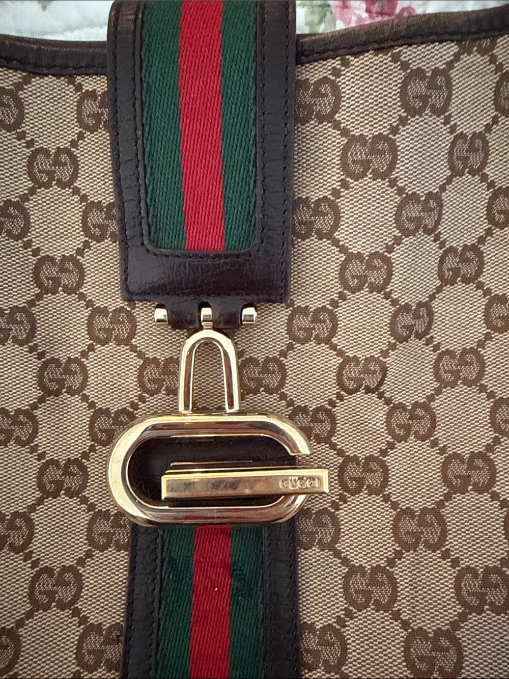 Gucci Brown GG Canvas Shoulder Bag with Green and Red Web - Picture 2 of 10
